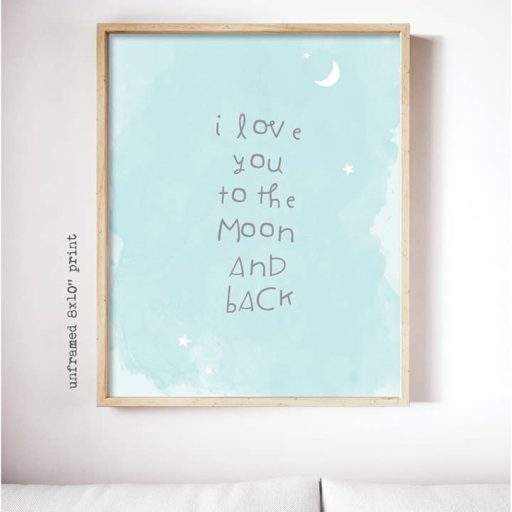 Je t'aime à la lune (bleu clair) - Impression pour chambre d'enfant 8 x 10 pour la vente par Raincity Prints