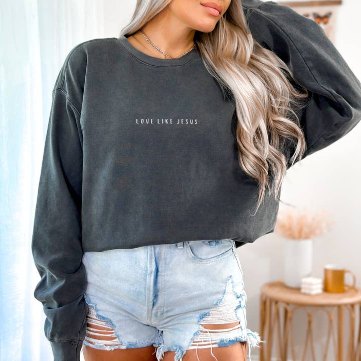 Scripted Pearl - Wholesale Sweatshirt - Women's - Love Like Jesus Embroidered Comfort Colors Sweatshirt4