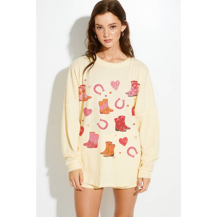 Phil Love – Conjunto de top e calça (roupa NÃO Casual) - Mulher por atacado – Conjunto de calções curtos de lounge com estampa de coração e botas de cowgirl17