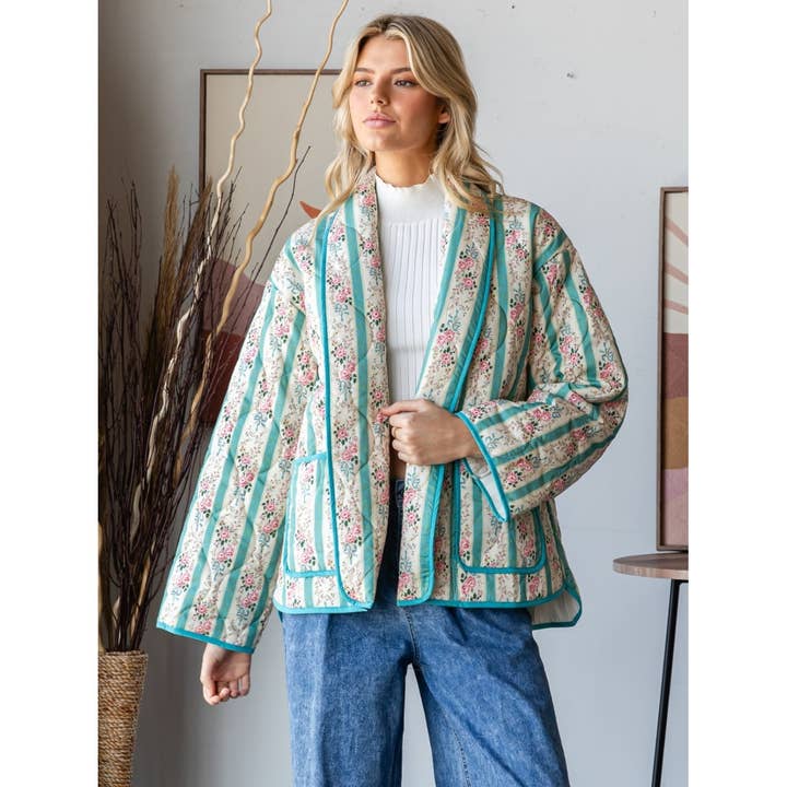 Quilted Stripe Flower Open Jacket for wholesale by Veveret