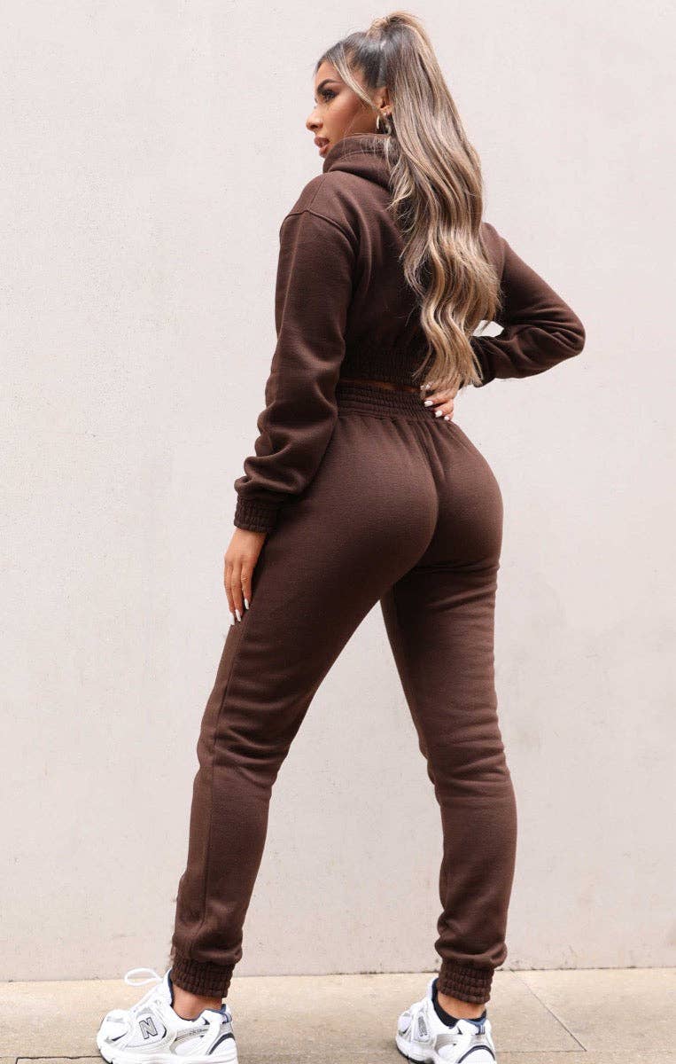 Femme Luxe - Wholesale Lounge Set - Women's - Chocolate Long Sleeve Crop Hoodie High Waisted Joggers Shirred Detail Fleece Loungewear Set - Costella3