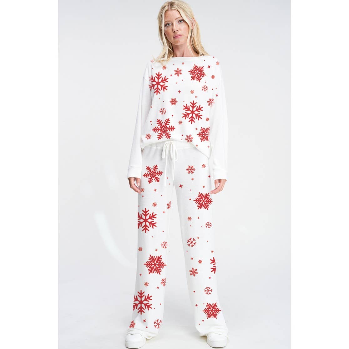 Phil Love - Vendita all'ingrosso Completo top e pantaloni (NON loungewear) - Donna - Set di abbigliamento da salotto in morbida spazzola Snowflake Allover15