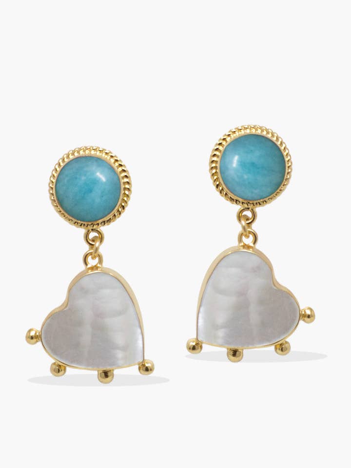 Happy Hearts Earrings With Amazonite And Pearls for wholesale by Vintouch Jewels