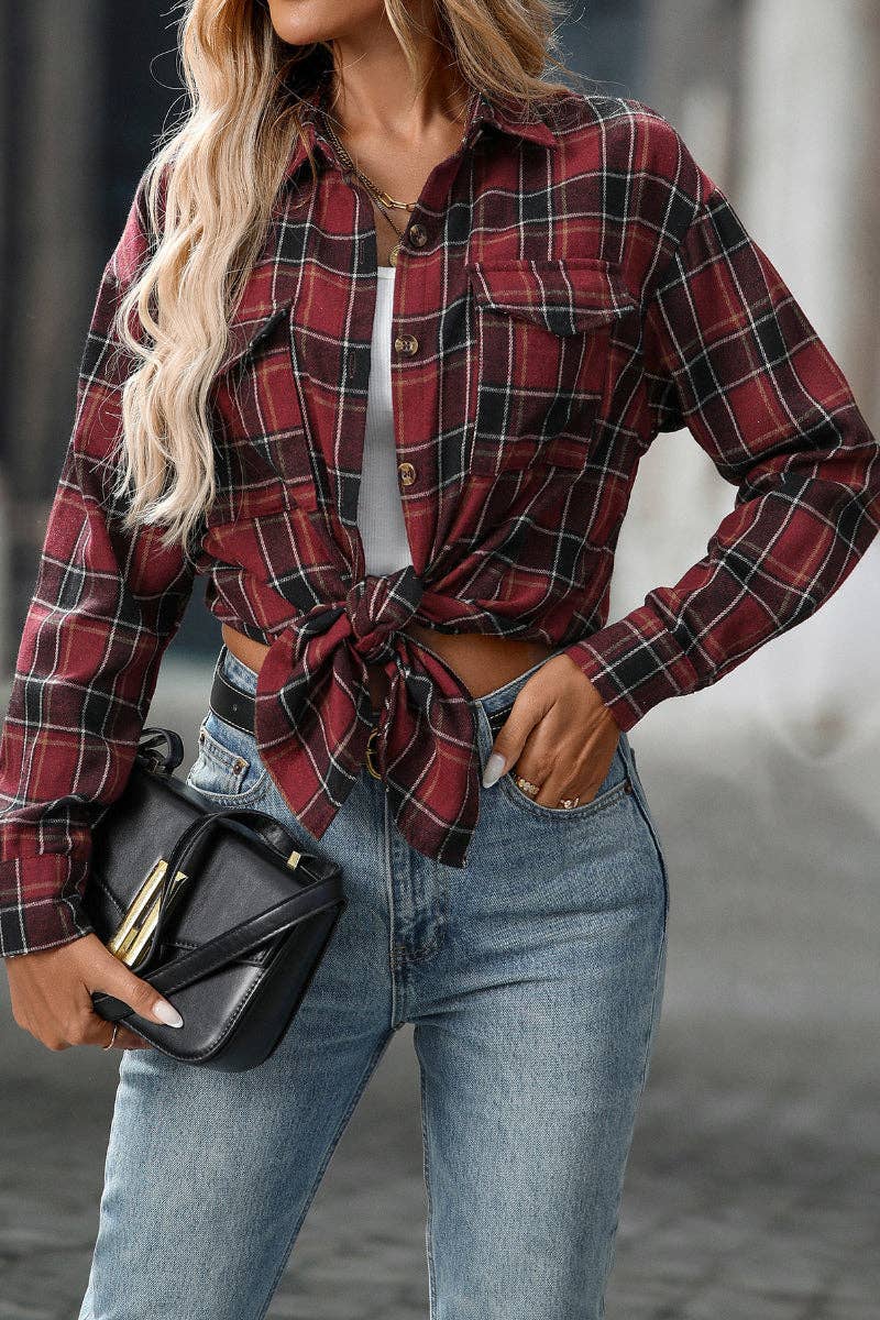 Lovesoft – wholesale Buttoned-down shirt – Women's – Plaid Button Down Shirt with Chest Pockets and Tie Hem20