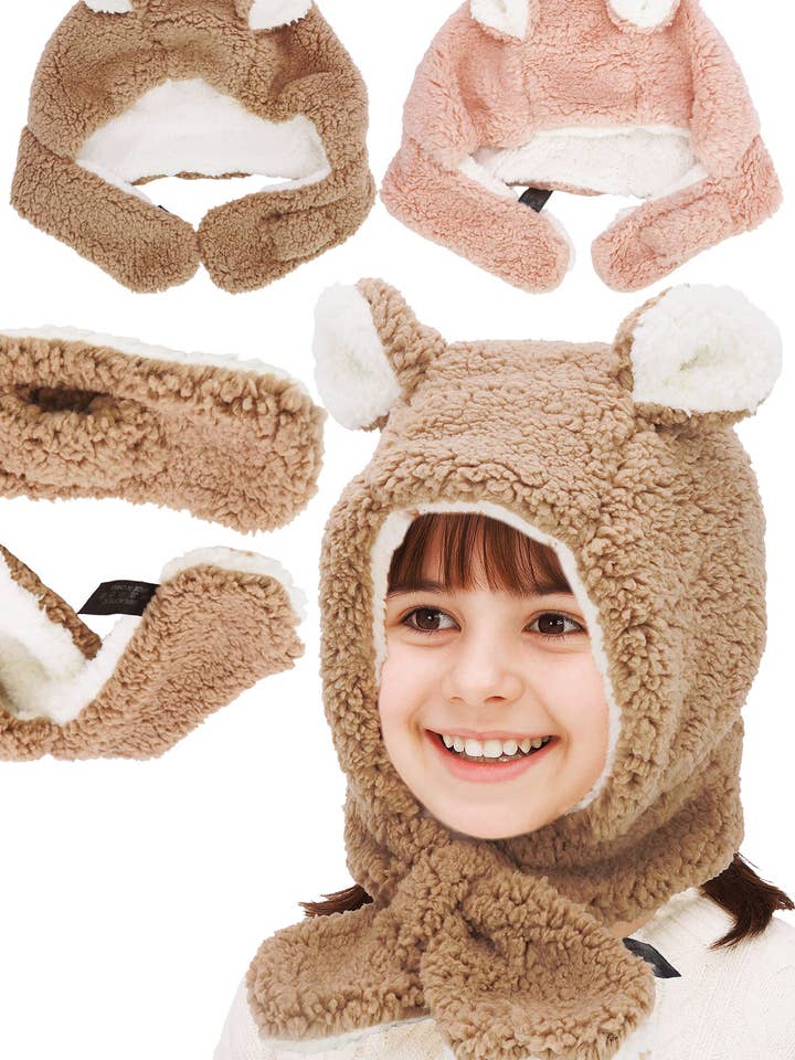 Gorro de cuello de forro polar de oso de peluche para niños para venta al por mayor de Cap Zone