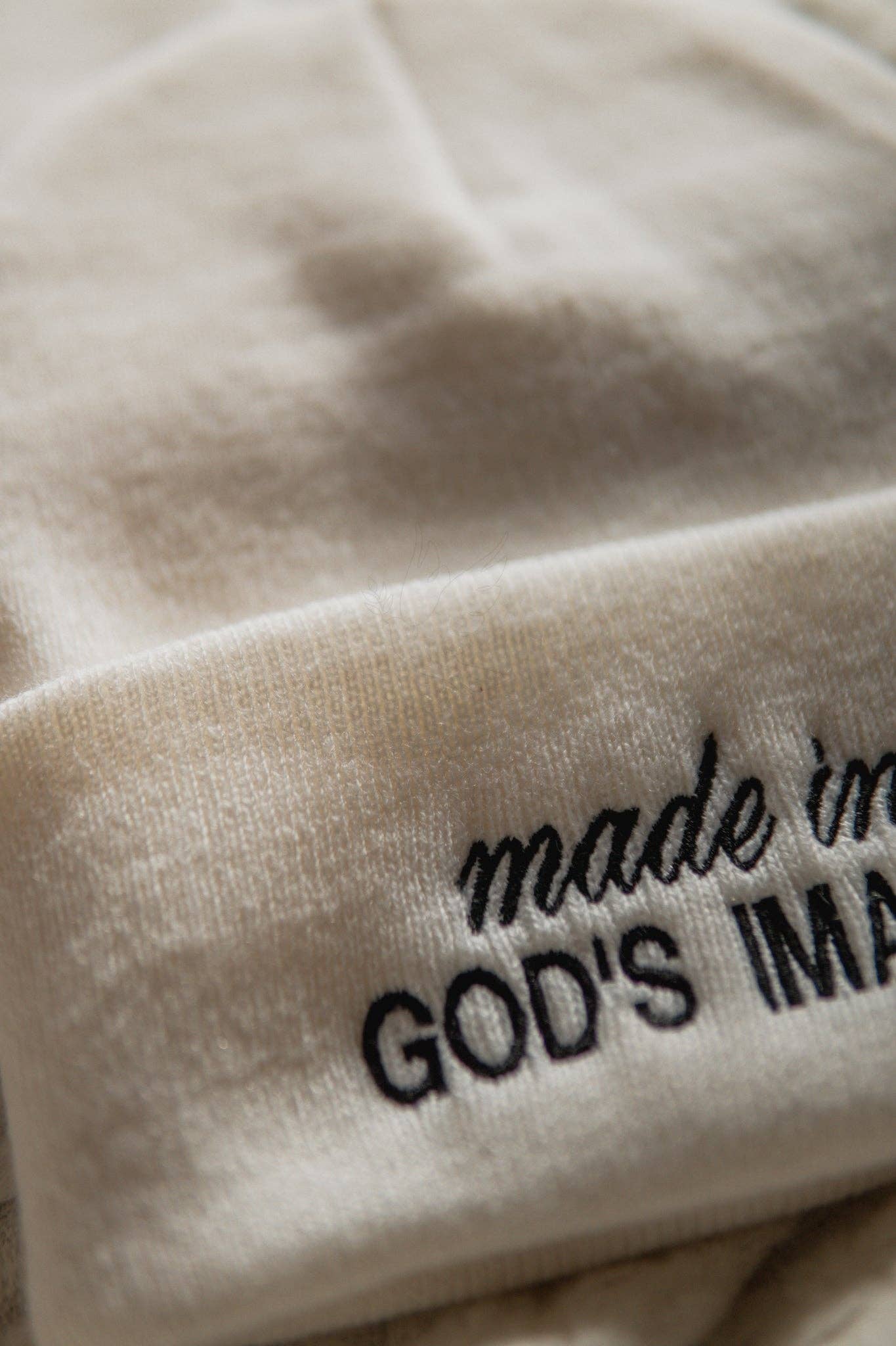 White made in God's image | Embroidered Christian Beanie Toboggan for wholesale on Faire3