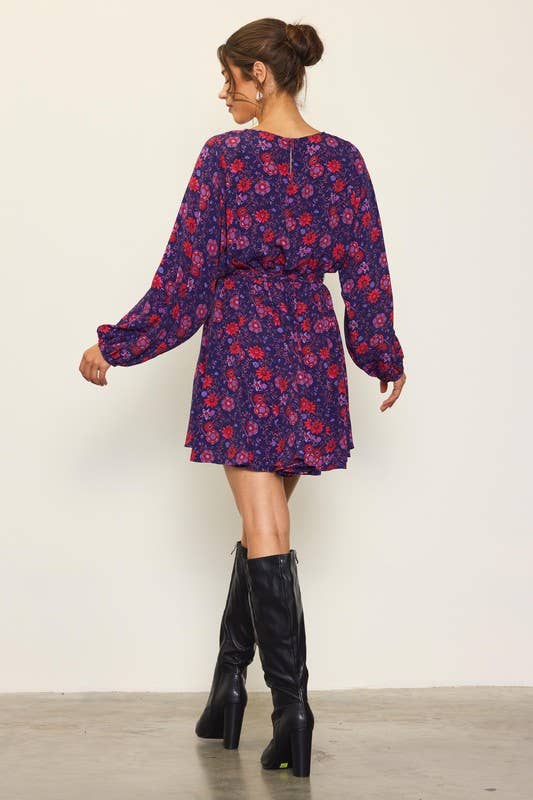 Grape Red Long Sleeve Floral Printed Circle Skirt Mini Dress for wholesale on Faire4