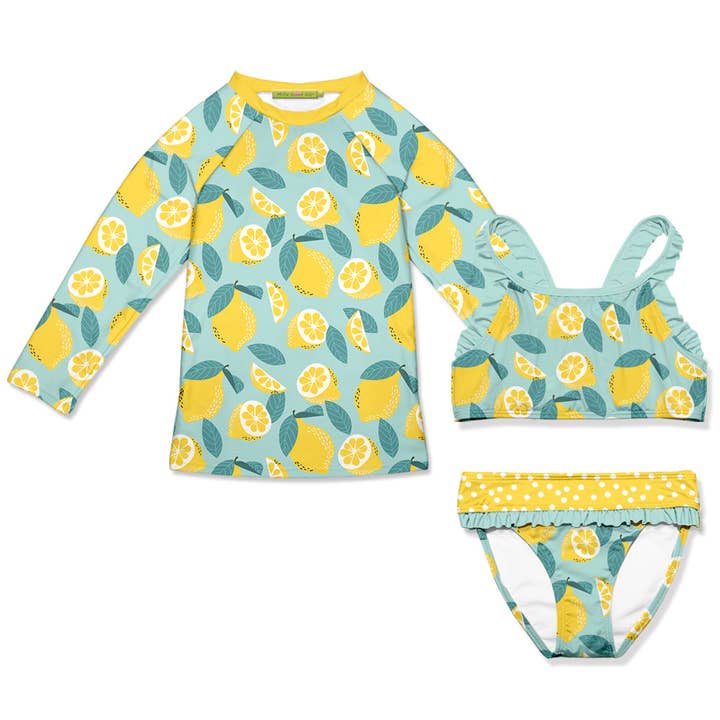 Girls Mint Lemon Long-Sleeve Rashguard Swimsuit Set for wholesale by Millie Loves Lily