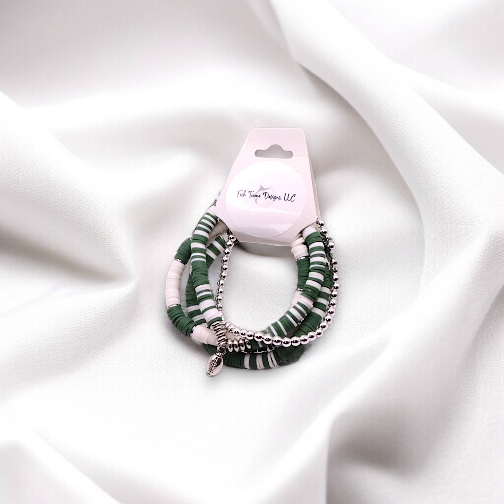 Fish Towne Designs, LLC - Wholesale Jewelry Set - Green and White Game Day Bracelet Stack7