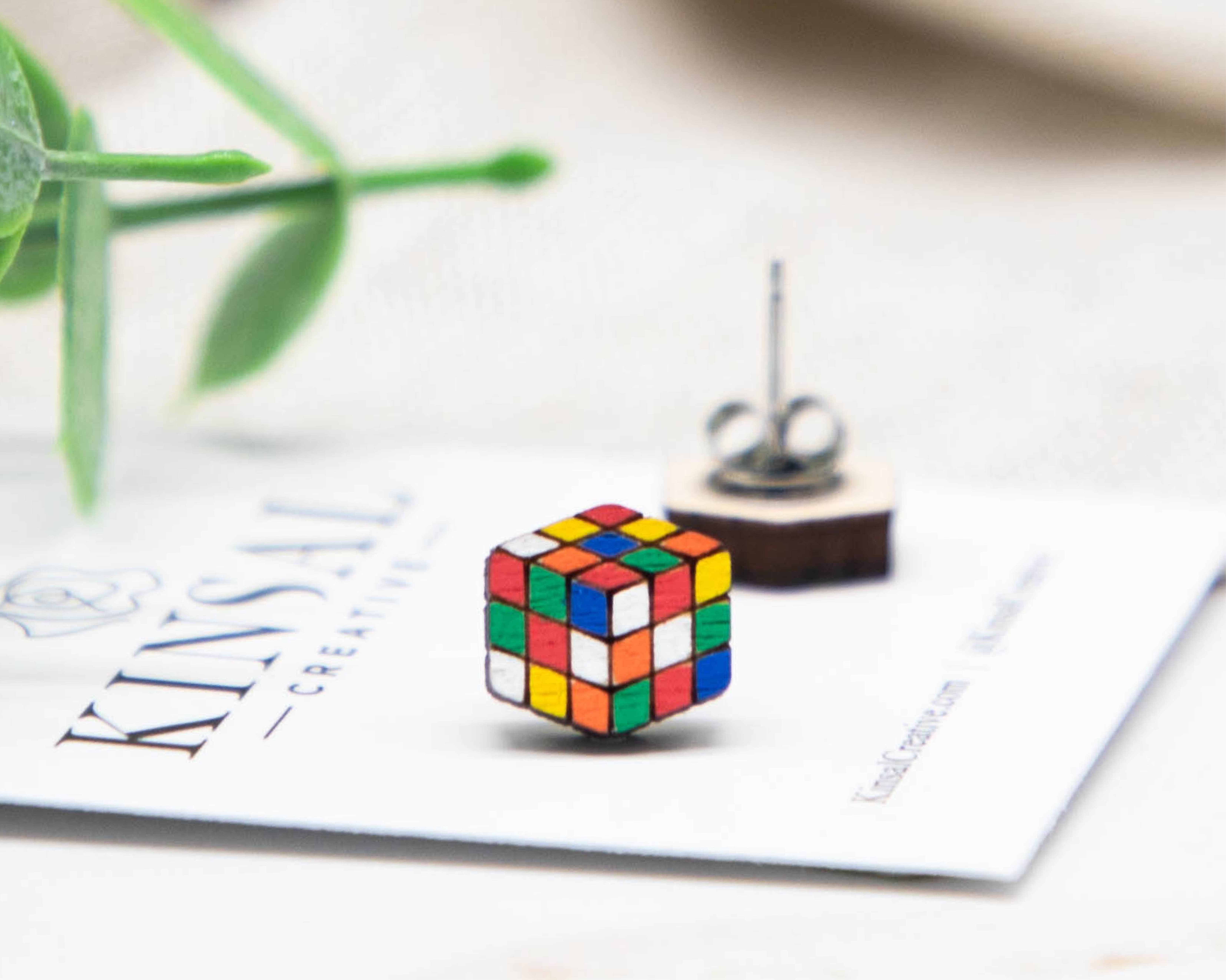 Kinsal Creative - Wholesale Stud/Post Earrings - Puzzle Cube Wood Stud Earrings1