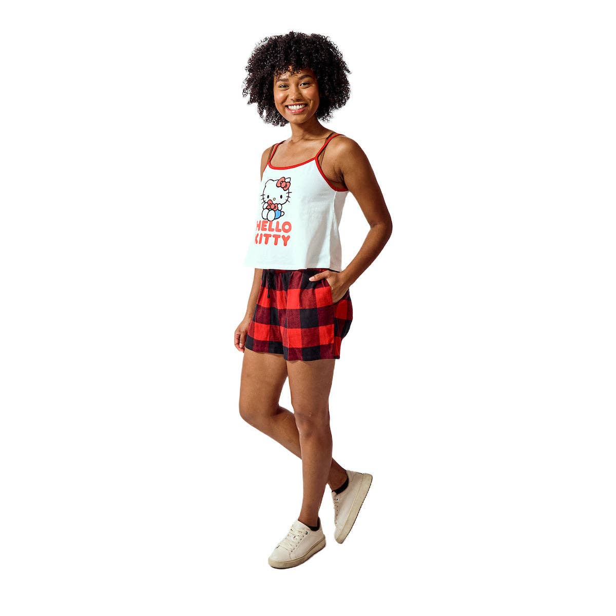 Bioworld Merchandising - Wholesale Sleepwear Set - Women's - Hello Kitty Women's 2-pack White A-Line Cami & Red Buffalo Plaid Woven Lounge Shorts Sleep Set1
