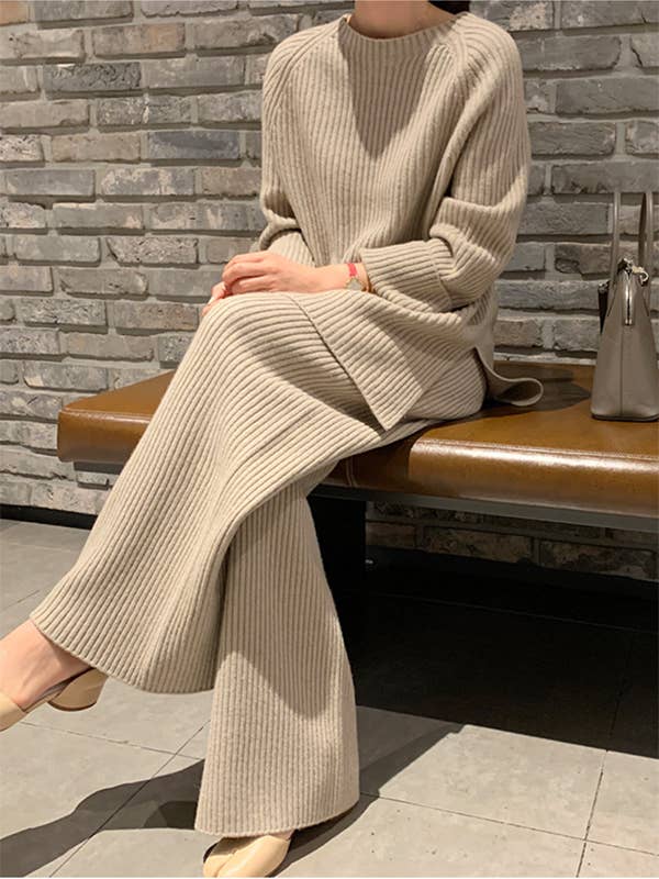 ShieldChic - Wholesale Top & Pant Set (NOT Loungewear) - Women's - Long Sleeves Wrap Solid Color Split-Side Round-Neck Sweater Tops&Pants Suits8