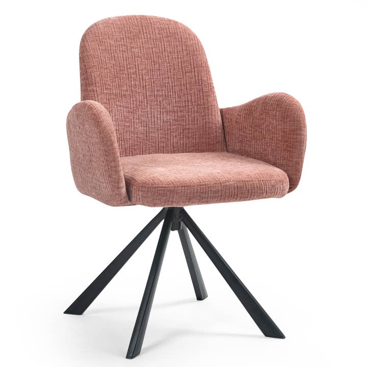 Chaise de salle à manger en tissu de lin rose avec pieds en fer noir pour la vente par Glamour Home