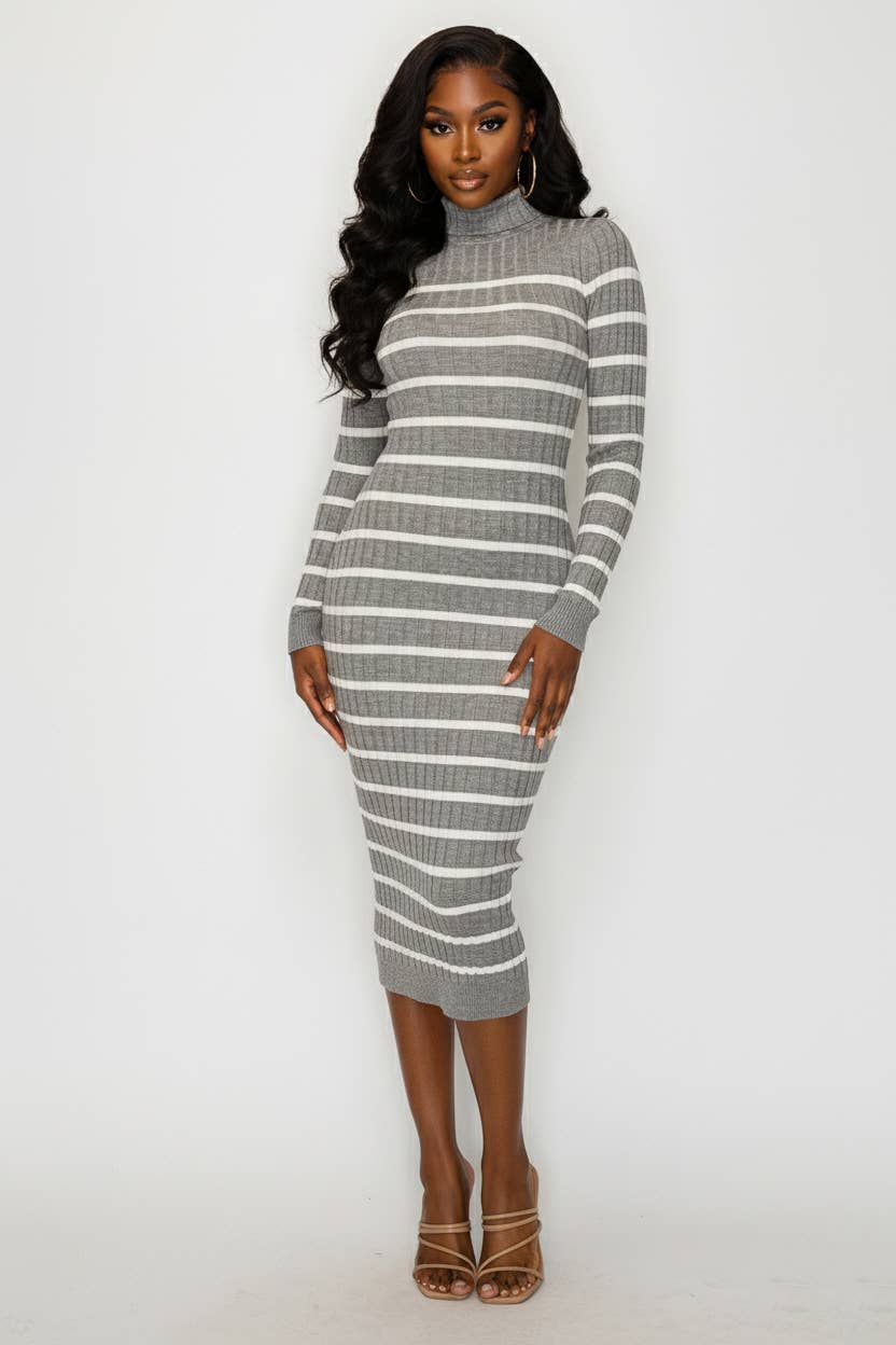 5besties inc - Wholesale Dress - Women's - STRIPE TURTLENECK SWEATER MIDI DRESS1