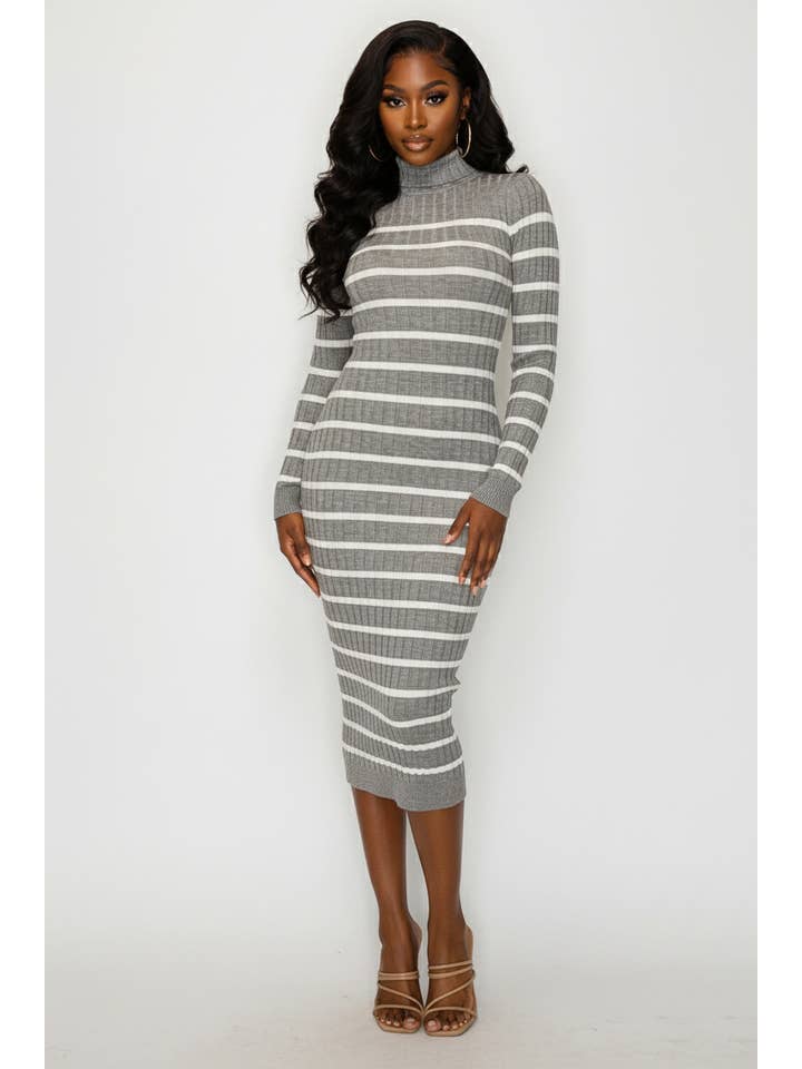 5besties inc - Wholesale Dress - Women's - STRIPE TURTLENECK SWEATER MIDI DRESS1