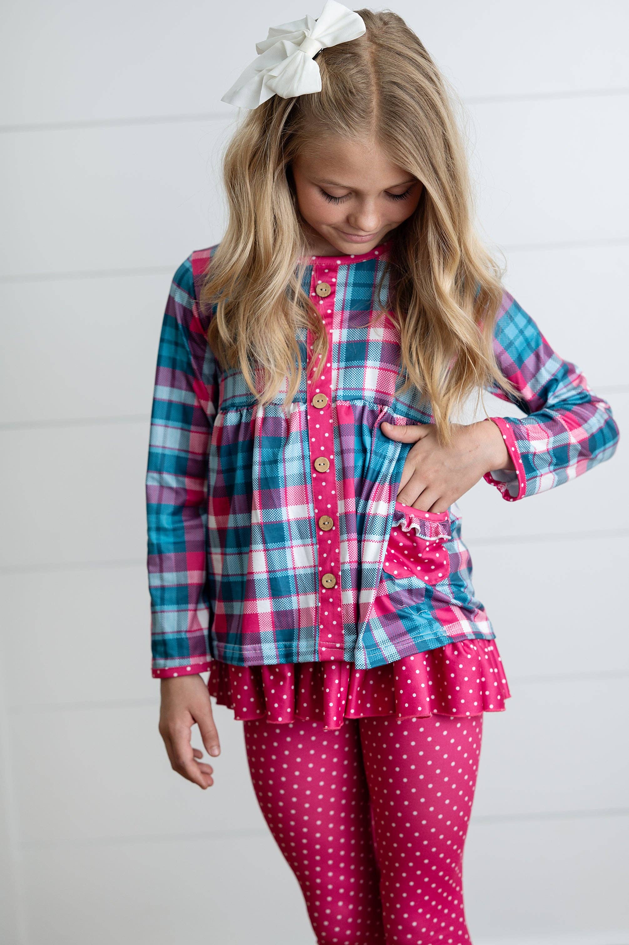 Adorable Sweetness - Wholesale Top & Pant Set - Kids - Girls Hot Pink & Teal Plaid Ruffle Pocket Button Legging Set2