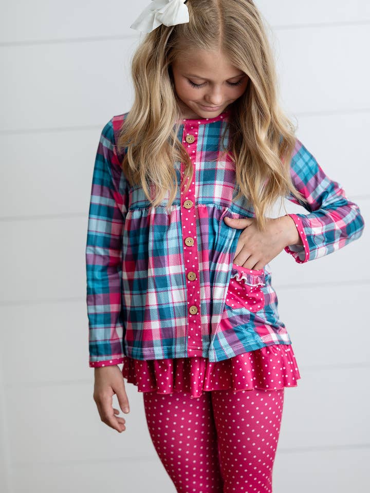 Adorable Sweetness - Wholesale Top & Pant Set - Kids - Girls Hot Pink & Teal Plaid Ruffle Pocket Button Legging Set2