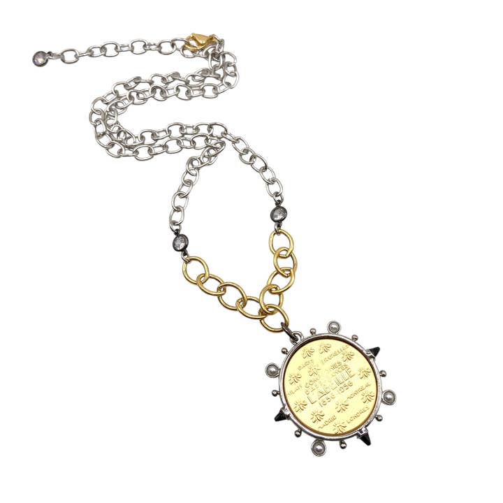 Mixed metal edgy coin necklace bee black crystal spikes for wholesale by VB&CO Designs Handmade Jewelry