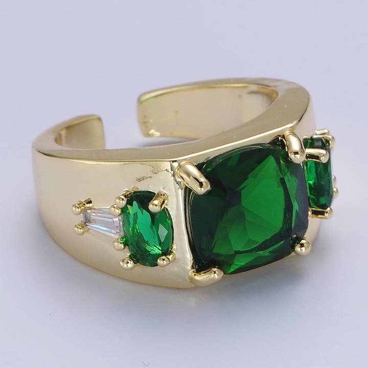 Elegant Bold Green Emerald Chunk Baguette Adjustable Ring for wholesale by Aim Eternal