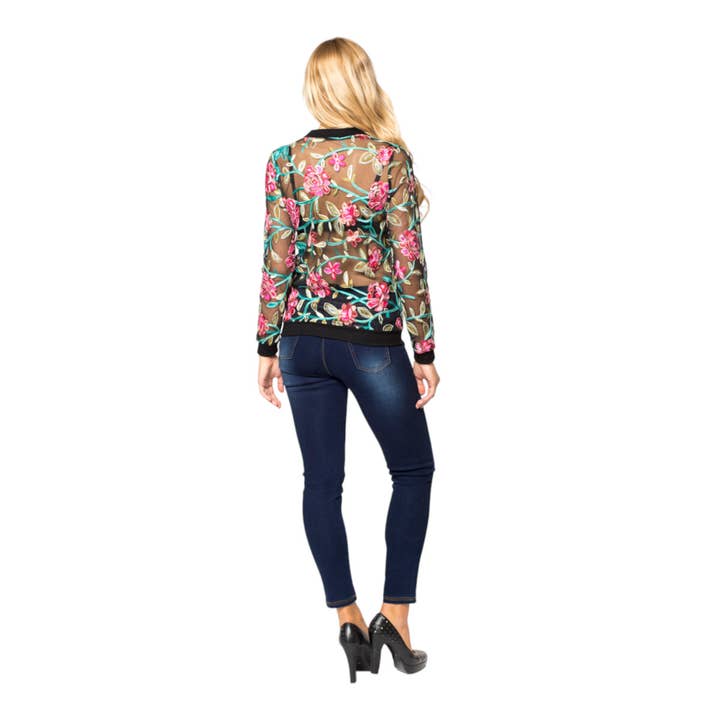 Black Floral Mesh Bomber Jacket for wholesale on Faire