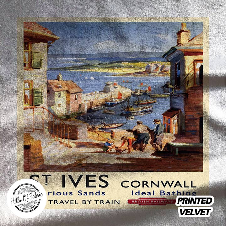 St Ives Cornwall By Train Printed Fabric Panel for wholesale by Hills Of Fabric