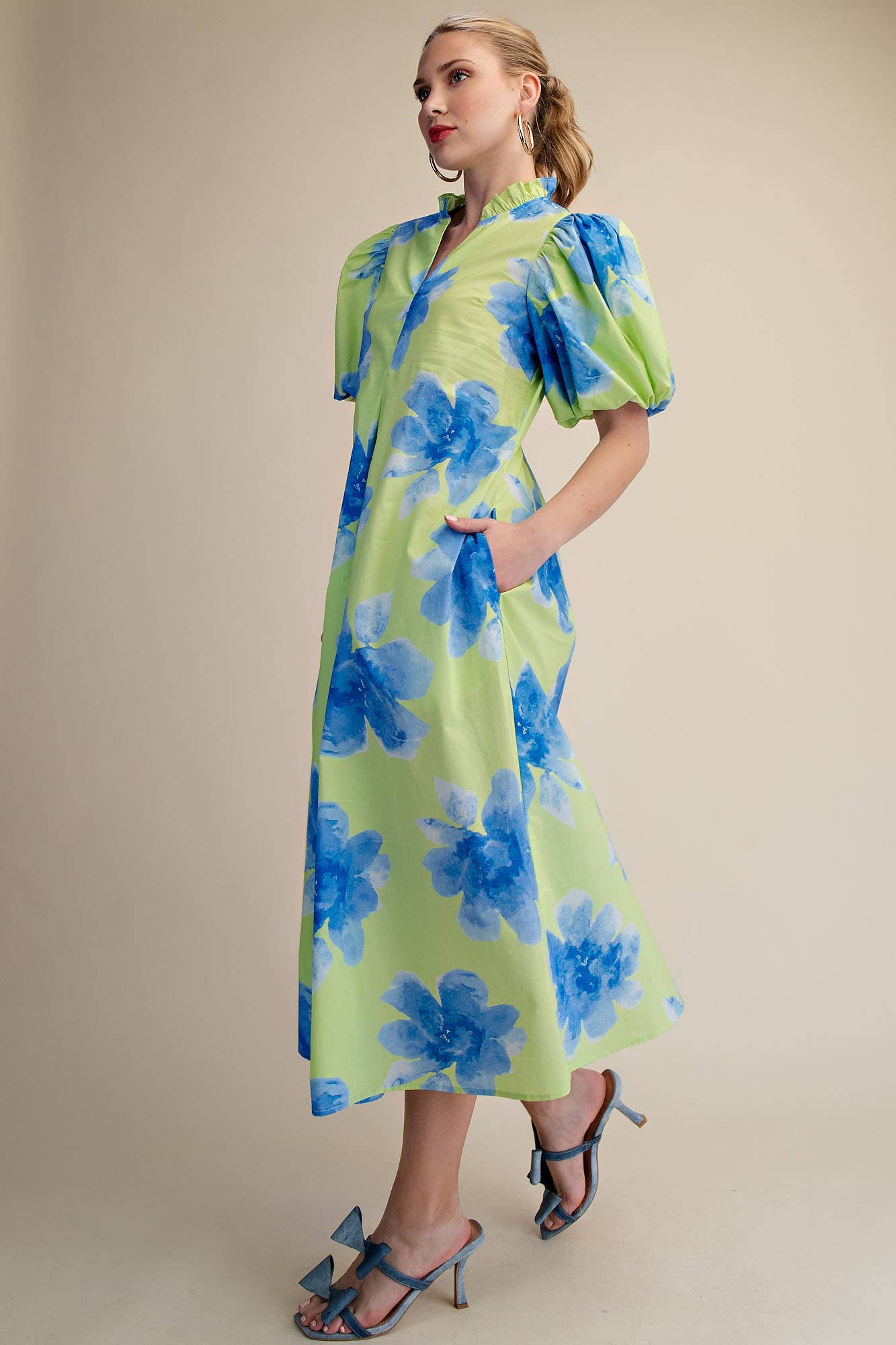 Glam - Wholesale Dress - Women's - Ruffle V-Neck Puff Sleeve Waist Pleated Midi Dress17