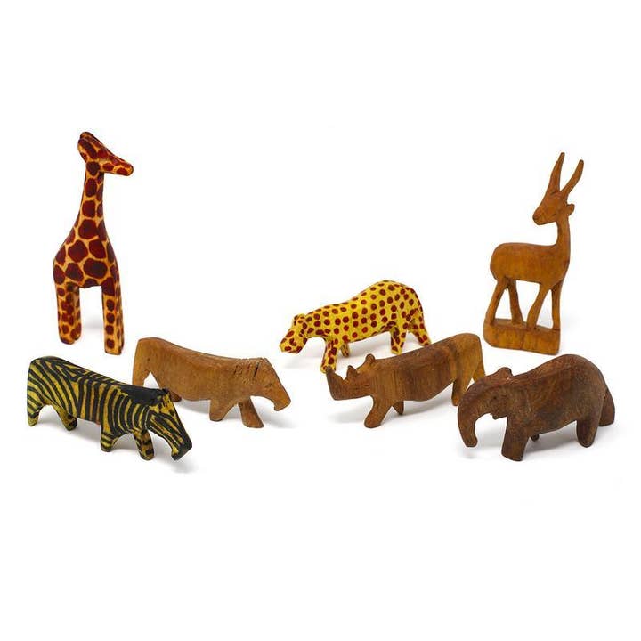 Global Crafts - Wholesale Decorative Tabletop Object - Miniature Wood Safari Animals - Set of 7