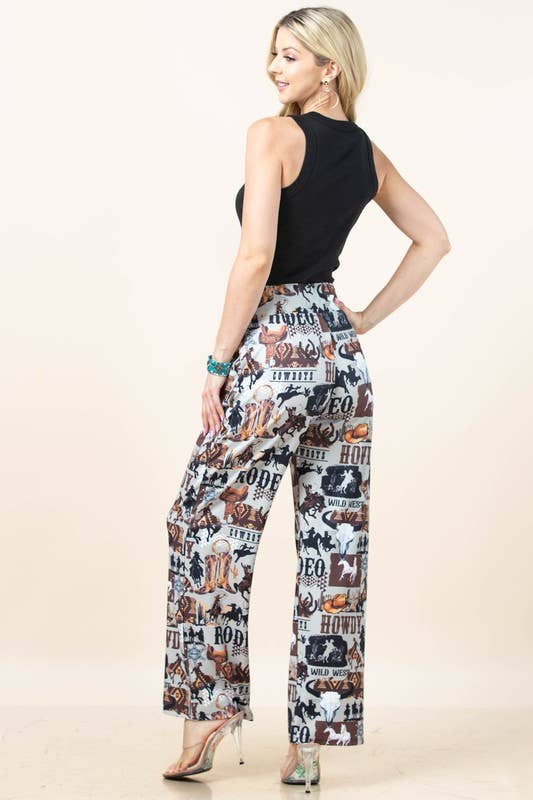 Grey Brown AP1309-TAYLOR WESTERN PRINT ELASTIC WAIST STRETCH PANTS  for wholesale on Faire8
