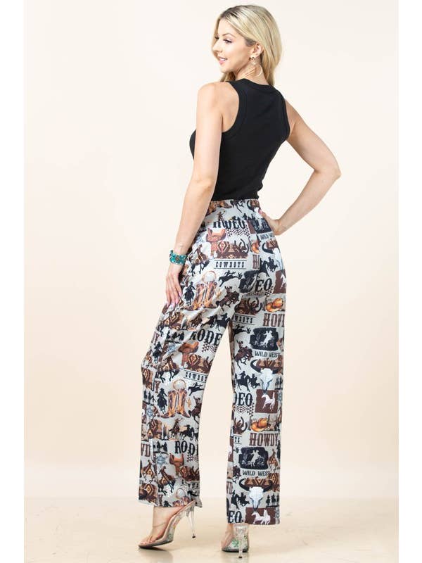 Grey Brown AP1309-TAYLOR WESTERN PRINT ELASTIC WAIST STRETCH PANTS for wholesale on Faire8