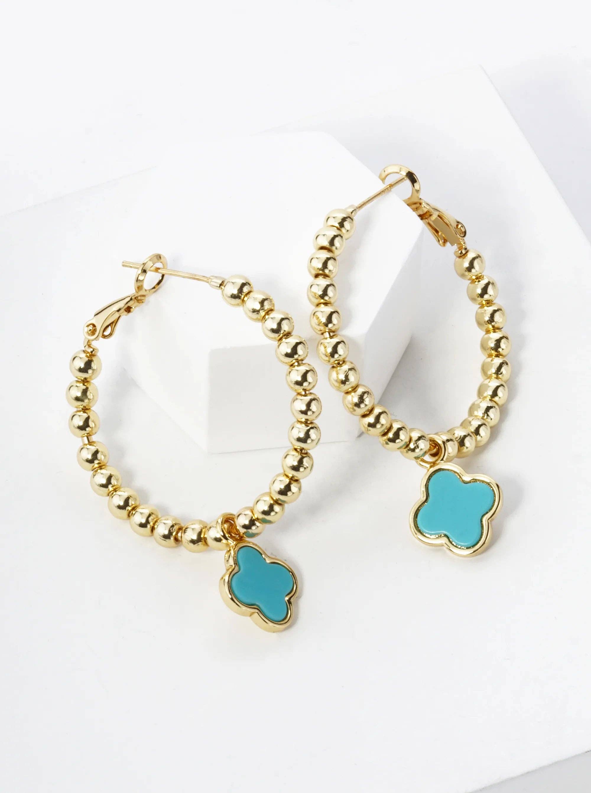 Wild Honey - Wholesale Hoop Earrings - 18K Gold Dipped Quatrefoil Drop Beaded Hoop Earrings4