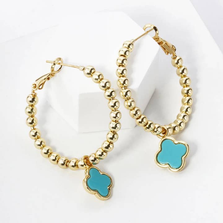 Wild Honey - Wholesale Hoop Earrings - 18K Gold Dipped Quatrefoil Drop Beaded Hoop Earrings4