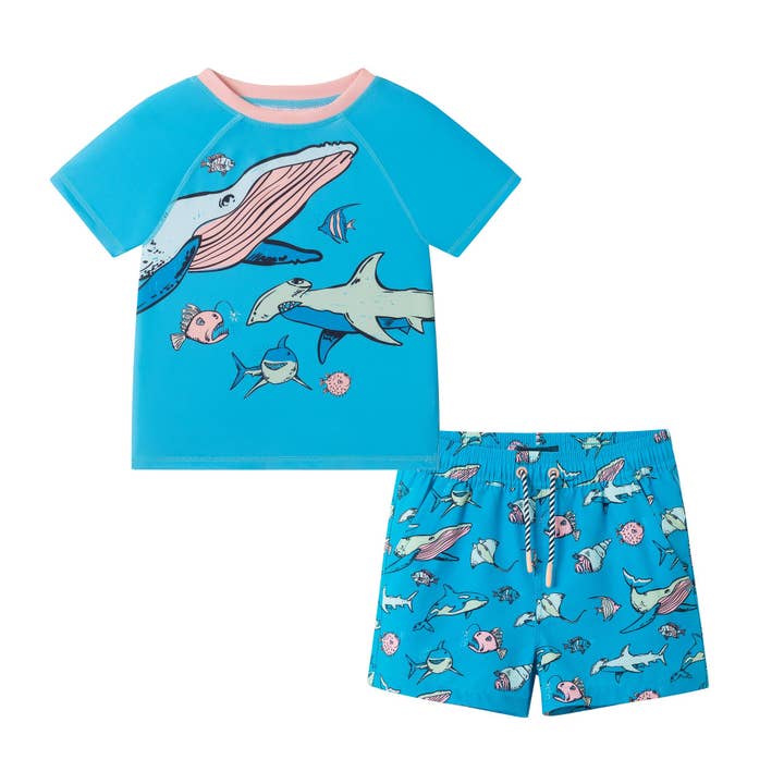 Completo Rashguard a Maniche Corte per Ragazzi | Acqua Mare Profondo per la vendita all'ingrosso da parte di Andy & Evan