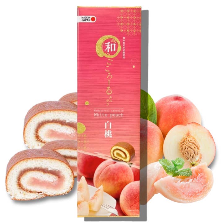 Wagokoroll Castella Roll Cake, White Peach Flavor 200g for wholesale by Aki Foods Japan