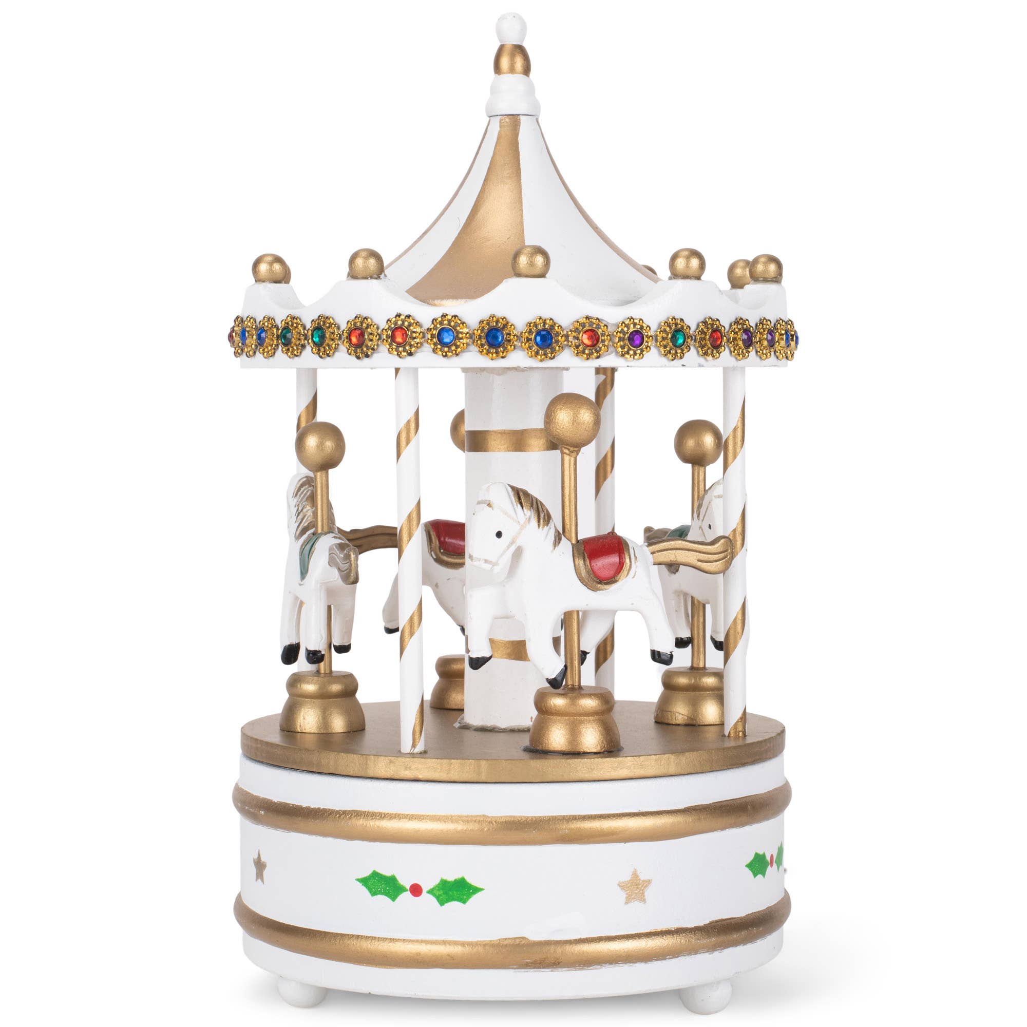 EAST AVENUE - Wholesale Decorative Tabletop Object - Rotating Carousel White 9-in Wood Musical Christmas Figurine1