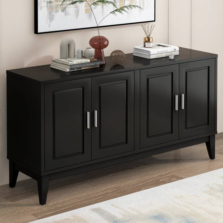 4 Door Sideboard Storage Cabinet With Door Shelf For Living Room And Dining Room, Two Large Cabinets With Adjustable Shelf, Black Black Rubberwood Solid Wood Mdf for wholesale by Orange County Decor