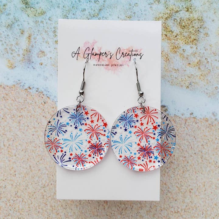 Red White & Blue Fireworks Circle Acrylic Earrings for wholesale by A Glamper's Creations LLC