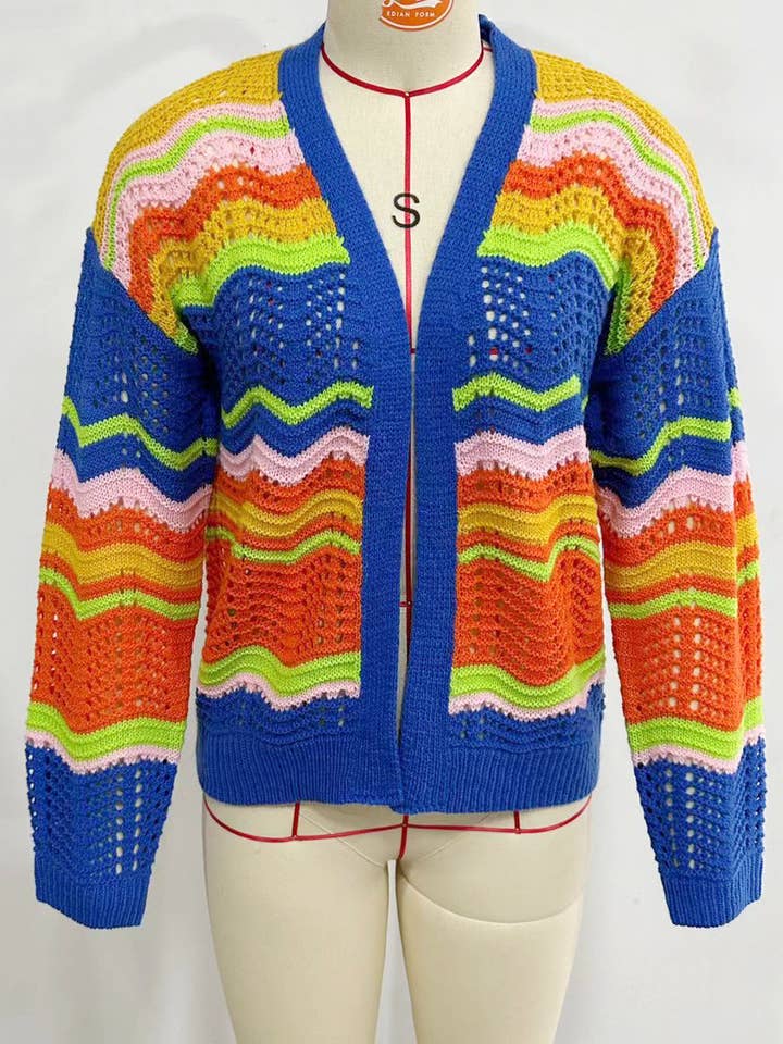 Rosa Clothing - Wholesale Cardigan - Women's - Wavy Pattern Intercolored Striped Cardigan