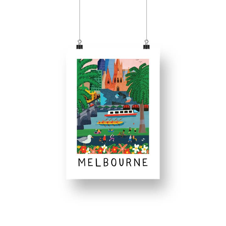 Melbourne-byen Yarra River inkluderer Melbourne - kunsttryk for engroshandel hos Elise Gow Designs