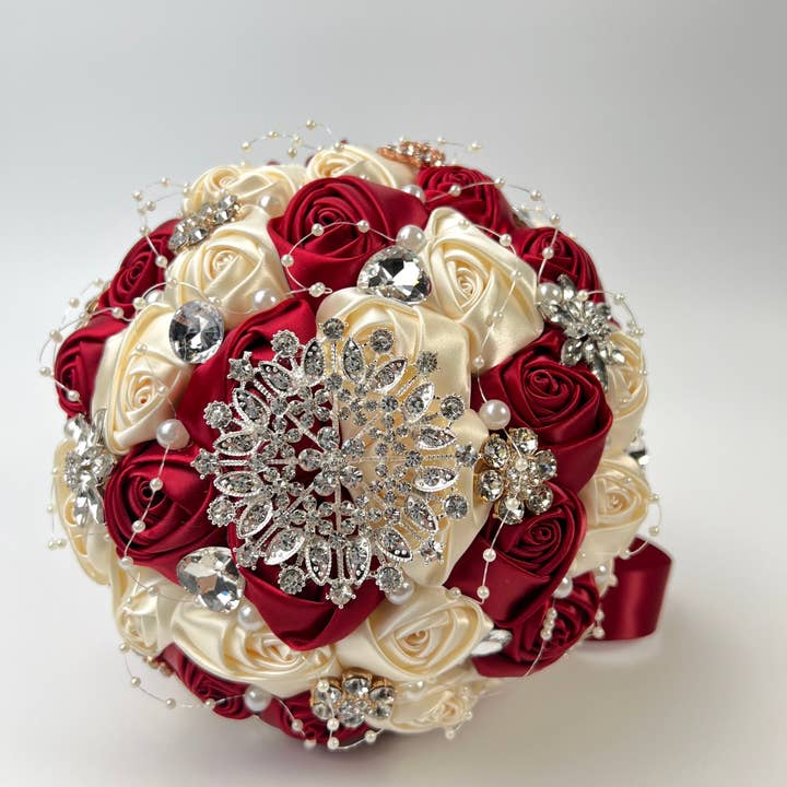 Floris Linens - Wholesale Artificial Flowers - Rhinestone / Pearl Bridal Brooch Rose Bouquet for Wedding
