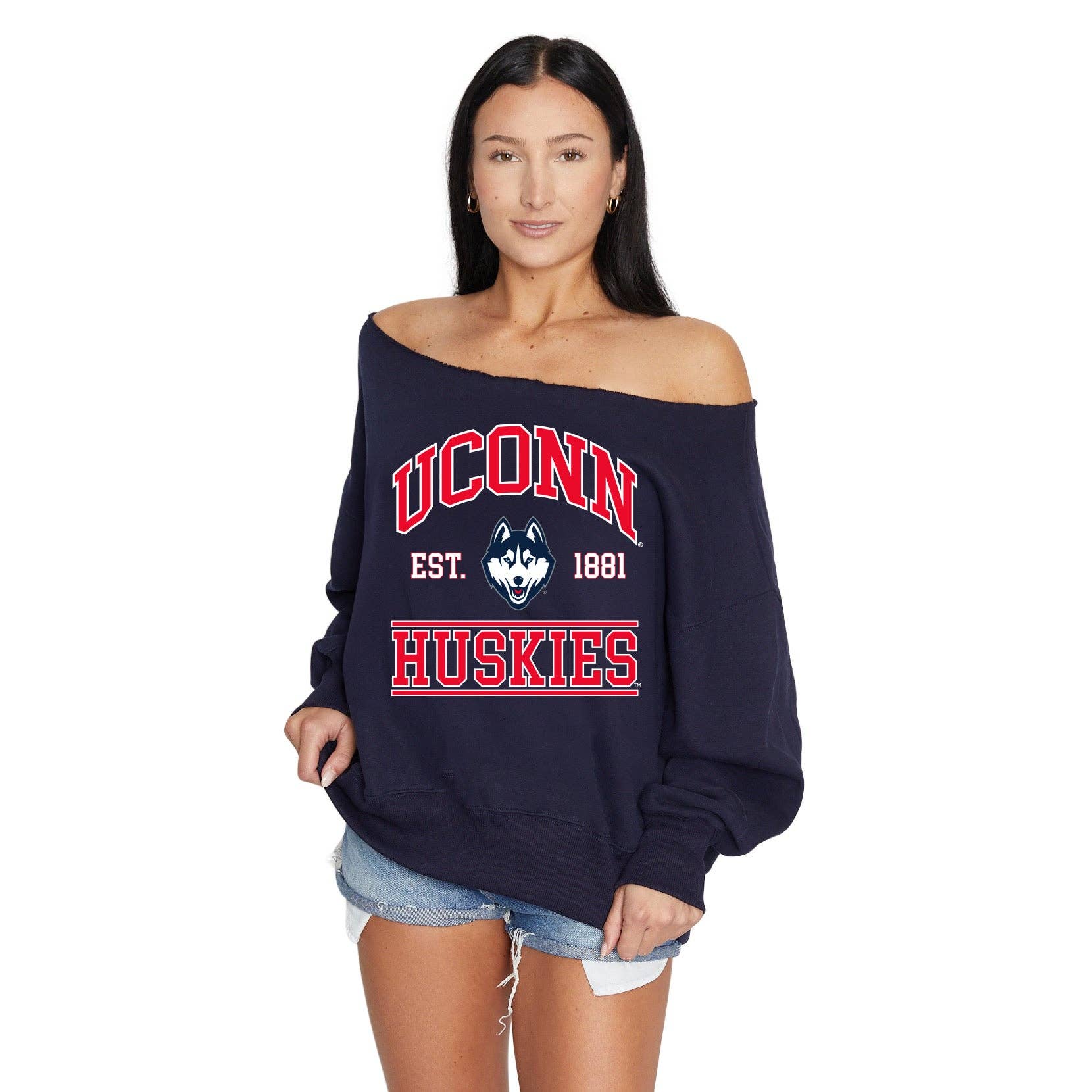Lojo Collegiate Apparel - Wholesale Graphic Sweatshirt - Women's - UConn Off the Shoulder Sweatshirt1