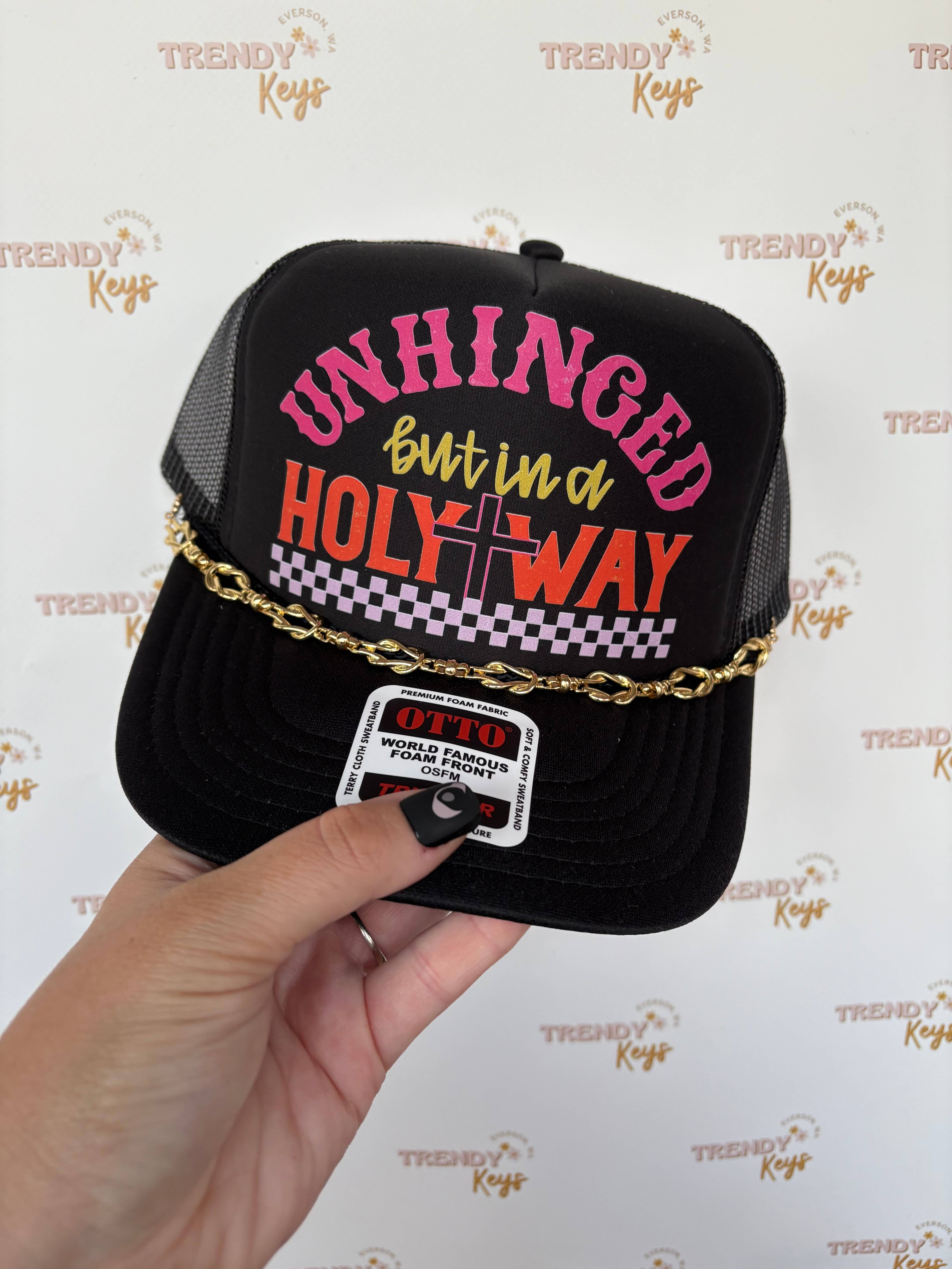 TrendyKeys - Wholesale Trucker Hat - Women's - "UNHINGED but in a HOLY WAY" Trucker Hat