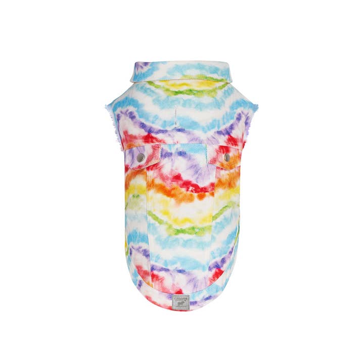 Downtown Denim Dog Vest (Rainbow Tie Dye) for wholesale on Faire