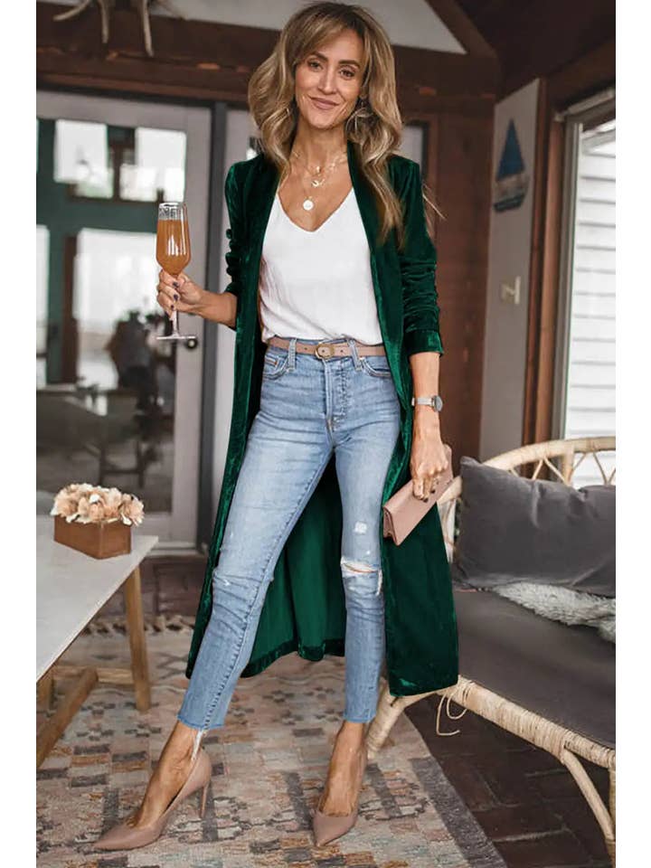 StyleGalX – Engroshandel Cardigan - Dame – elegant lang grøn fløjlsfrakke