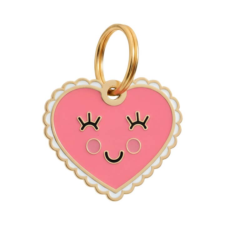 Gold Enamel Dog Tag w/ Scannable ID - Pink Heart Charm for wholesale by Bad Tags