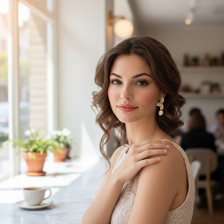 Athena Bridal Jewellery - Vendita all'ingrosso Orecchini pendenti - COLLEZIONE ATHENA - ORECCHINI PENDENTI CON PERLA E FIORE - CZER875 ORO4