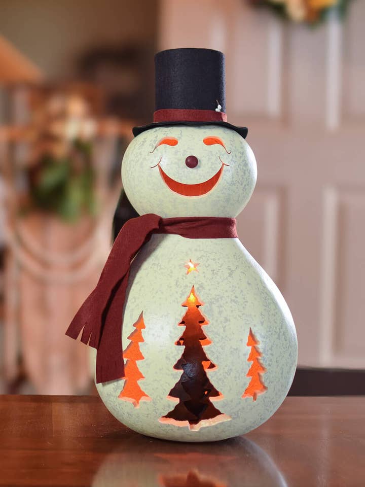 Easton Snowman Extra Large Lit Hand-Crafted Gourd Luminary for wholesale by Meadowbrooke Gourds