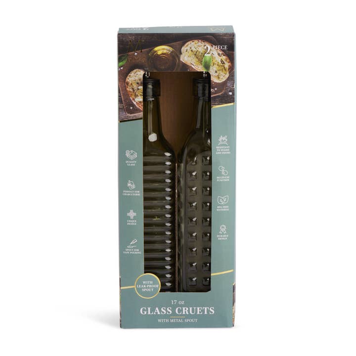 Core Home - Wholesale Oil/Vinegar Dispenser - Set of 2 500ml Dotted & Ribbed Glass Cruets - Matcha
