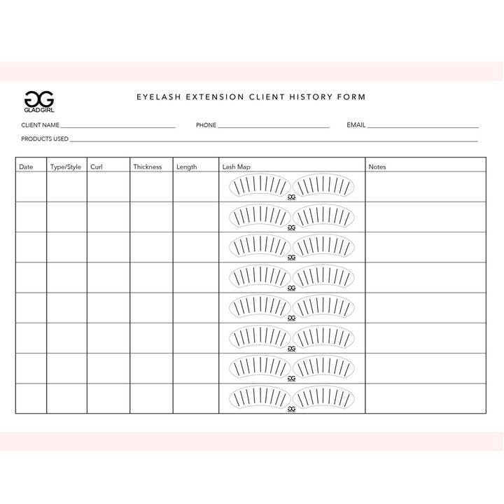 GladGirl - Wholesale Eyelash/brow serum - Eyelash Extension Client History Form - 25 Per Quantity