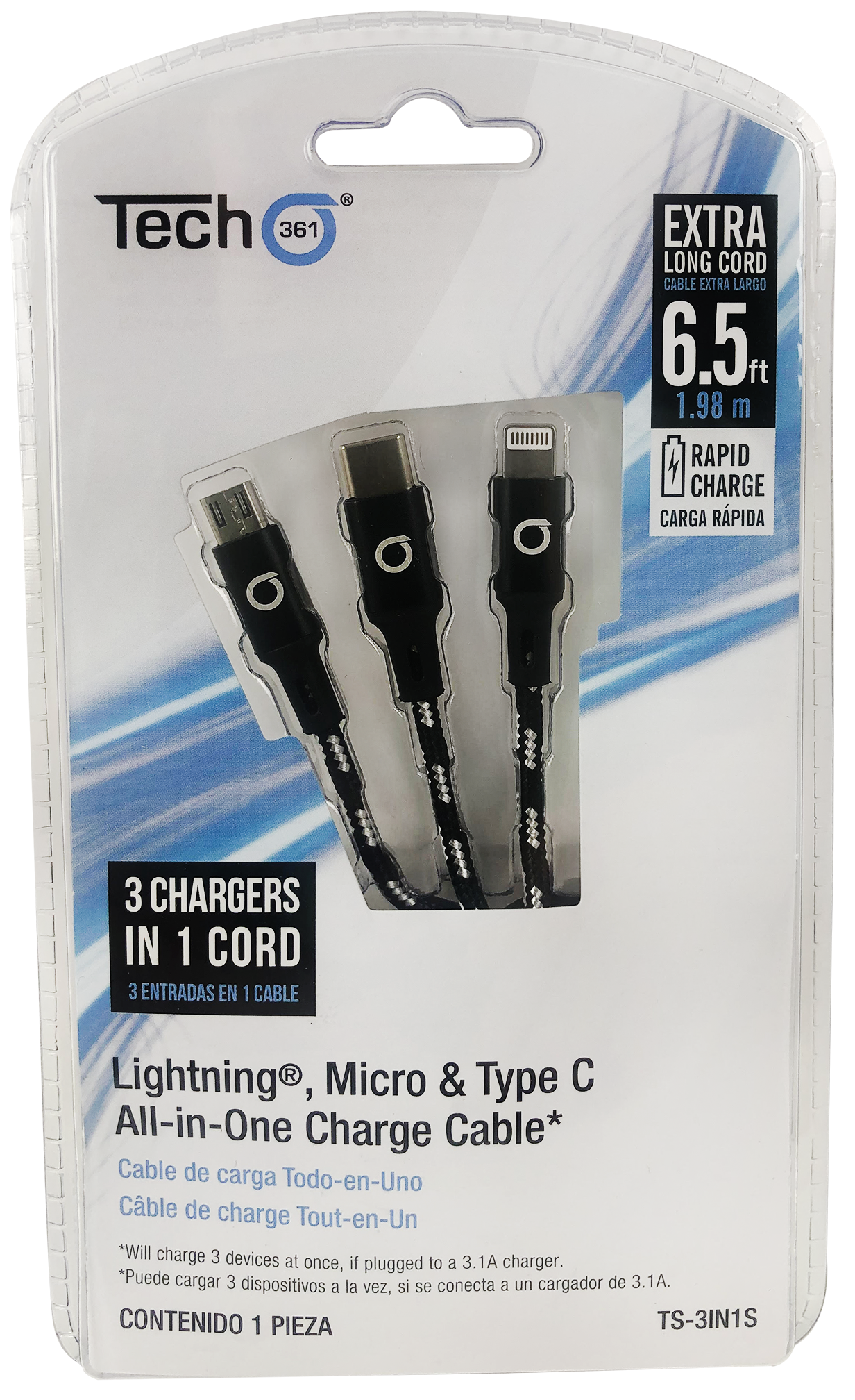 iTech361 - Vendita all'ingrosso Cavo di ricarica - CAVO DI RICARICA TUTTO IN UNO, 6,5FT COLORI ASSTD6