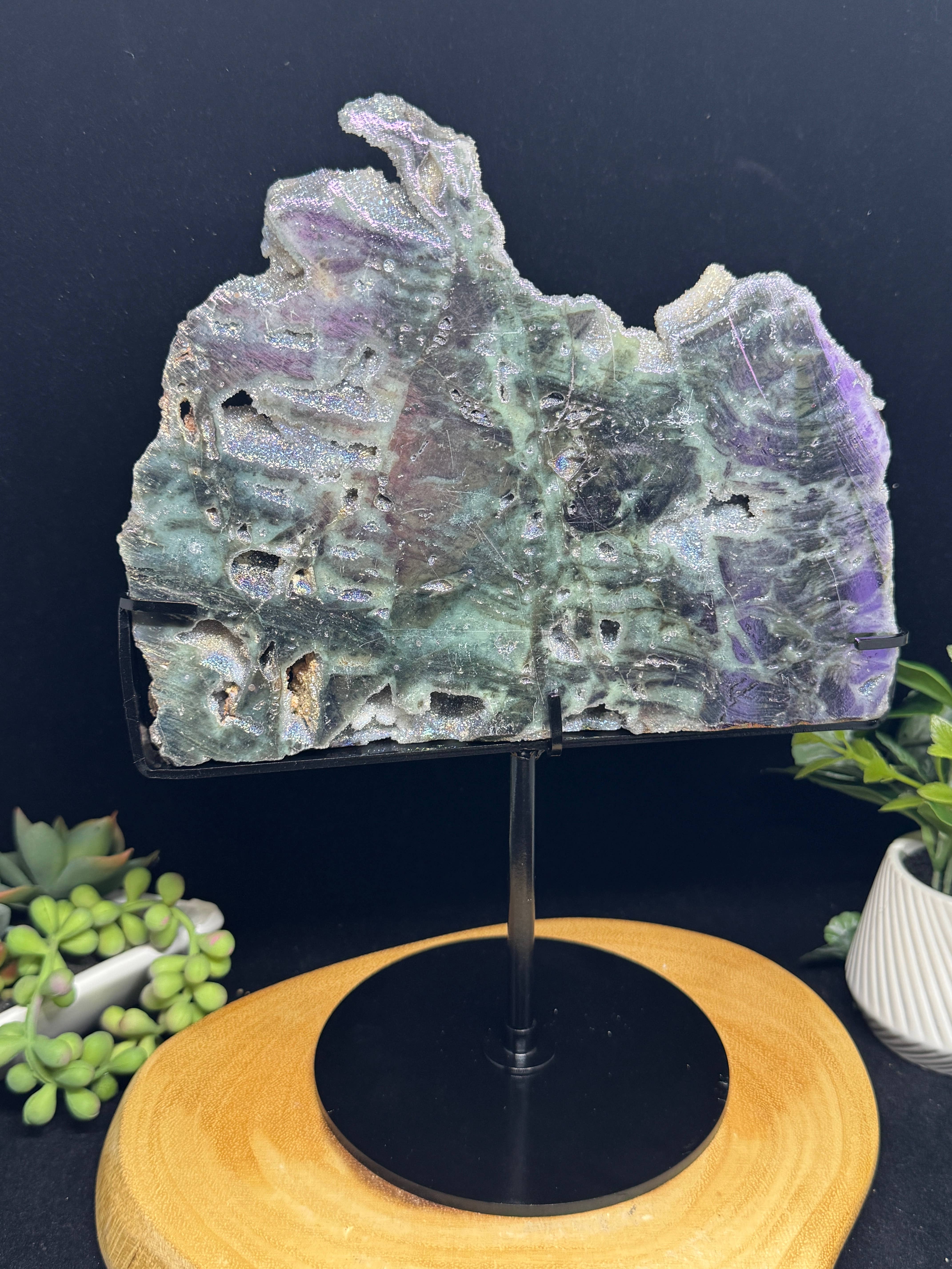The 7 Directions - Wholesale Spiritual Stone/Crystal - 10 " Lg Angel aura sphalerite slab w/ custom stand F6722
